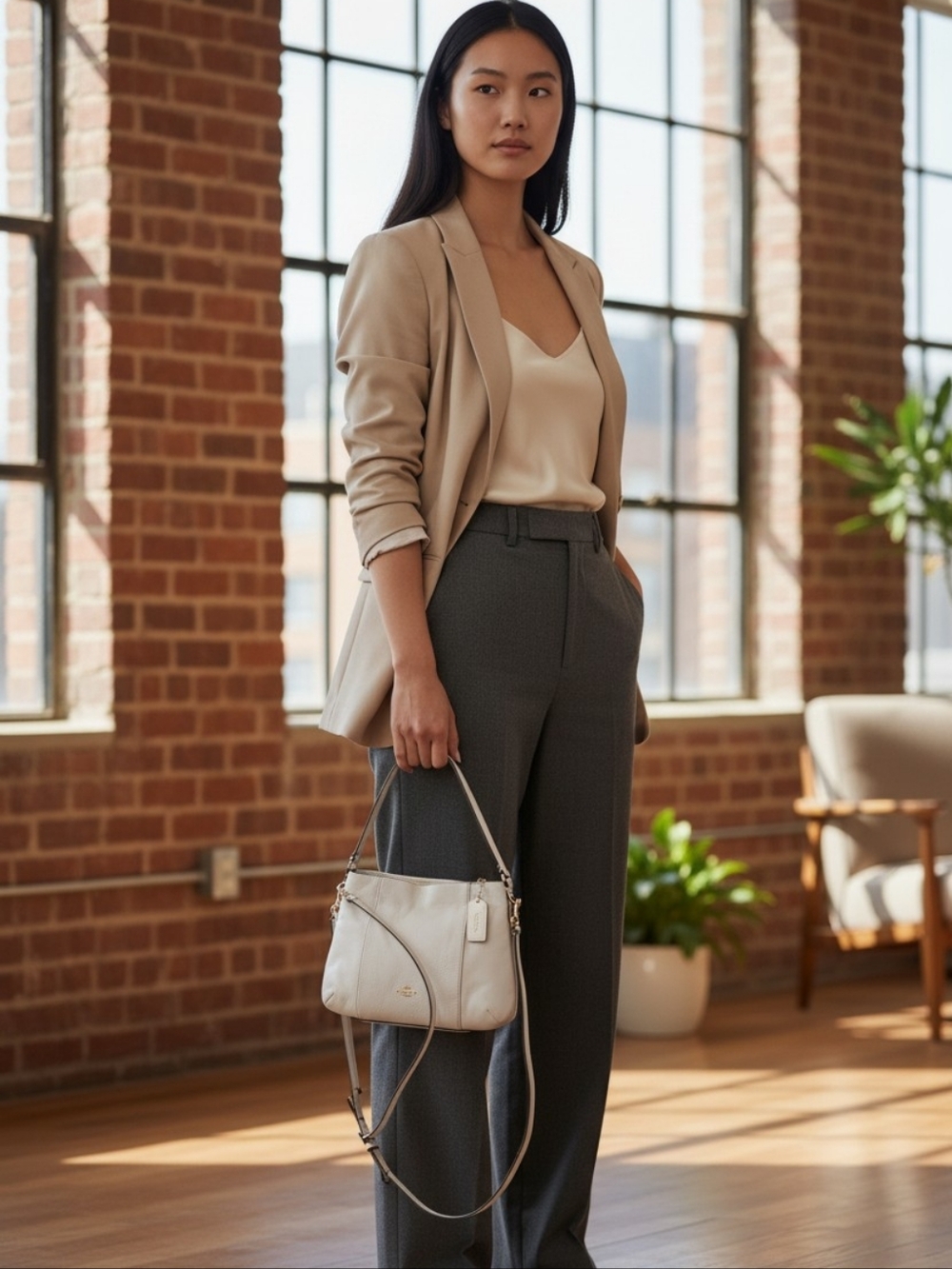 Coach Cream Pebbled Leather Shoulder Bag with Gold Logo